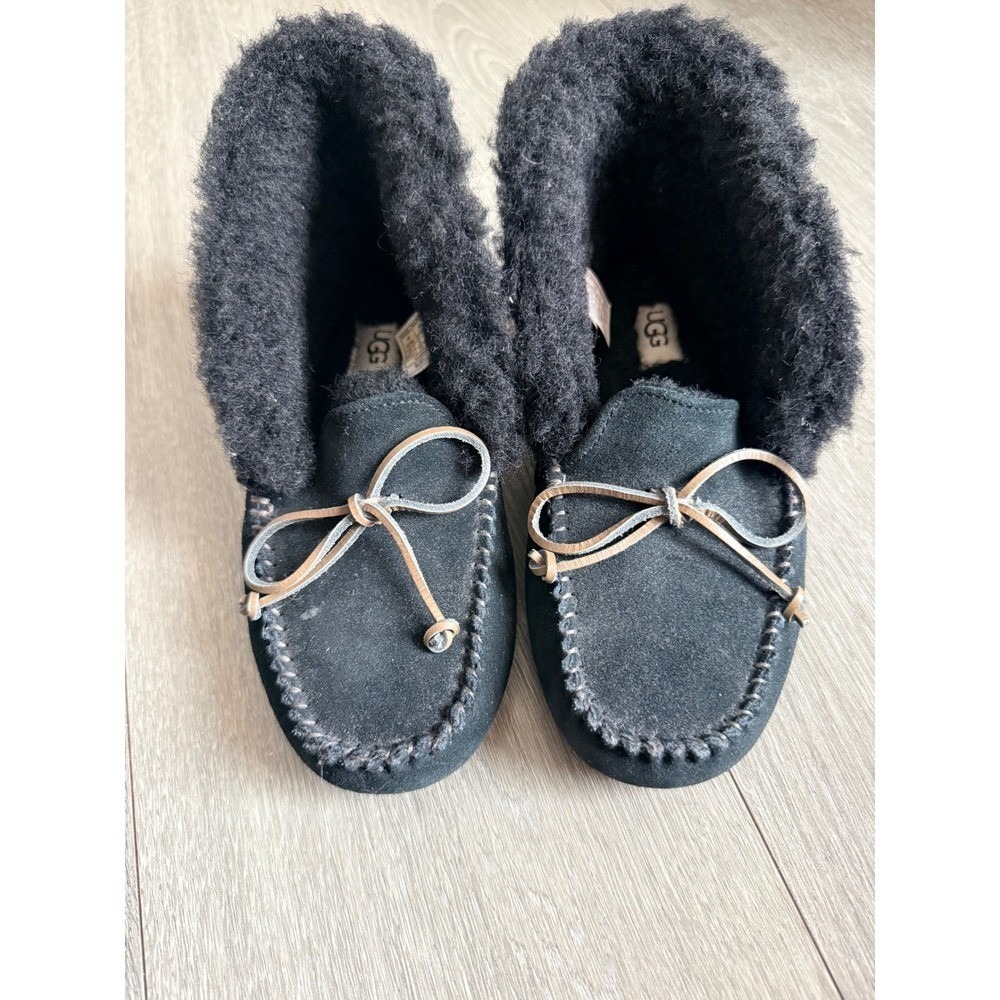 UGG Ansley Black Suede Moccasin Slippers Wool Lined Loafers 1112278 Womens 6